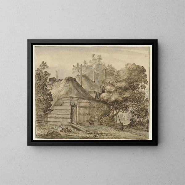 a Farm and a haystack among trees - Anthonie van Borssom — framed artwork on a wall
