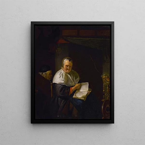 interior con una mujer leyendo cerca de un rueca y un hombre fumando - Antoine van Dyck — cuadro enmarcado en la pared