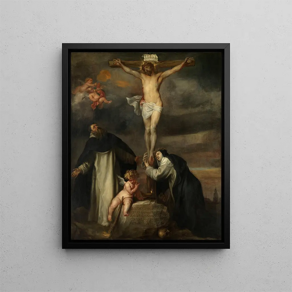 El Cristo en la cruz con Santa Catalina de Siena, San Domingo y un ángel - Antoine van Dyck — cuadro enmarcado en la pared
