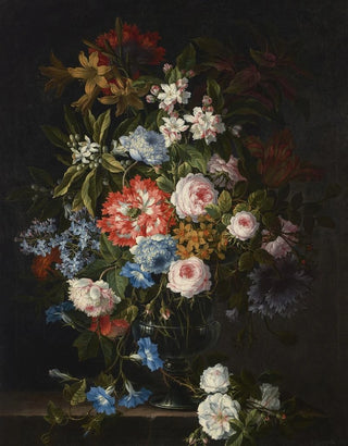 Antoine Monnoyer - Roses lilies tulips daffodils morning glories and other flowers in a glass vase on a stone ledge.webp