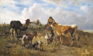 Anton Braith - Hirtenidyll auf sommerlicher Weide mit Khen und Ziegen.webp