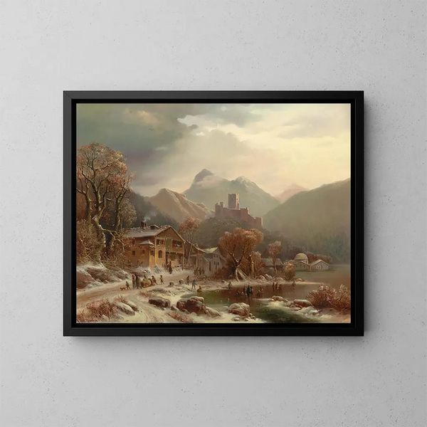 Una idilio invernal con vista a las ruinas de Kropfsberg en Tirol - Anton Doll — cuadro enmarcado en la pared