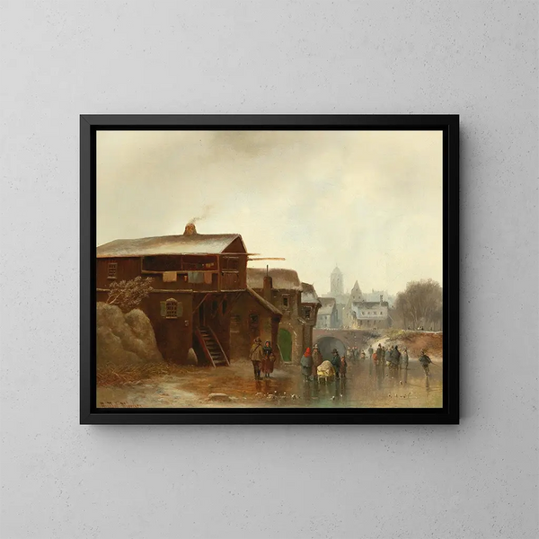 Diversiones de invierno con una ciudad de fondo - Anton Doll — cuadro enmarcado en la pared