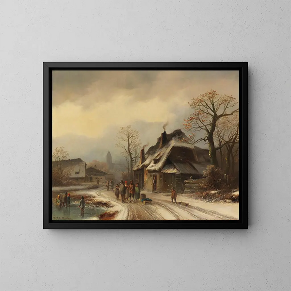 Vista de un pueblo en invierno - Anton Doll — cuadro enmarcado en la pared