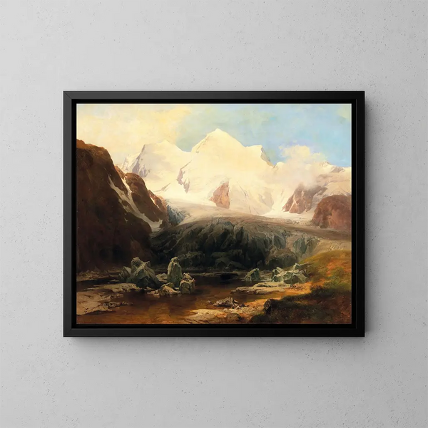 Vista de un lago de montaña con montañas nevadas en el fondo - Anton Hansch — cuadro enmarcado en la pared