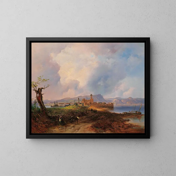 Vista del castillo de Sermione en la isla de Sermione en el lago de Garda - Anton Hansch — cuadro enmarcado en la pared