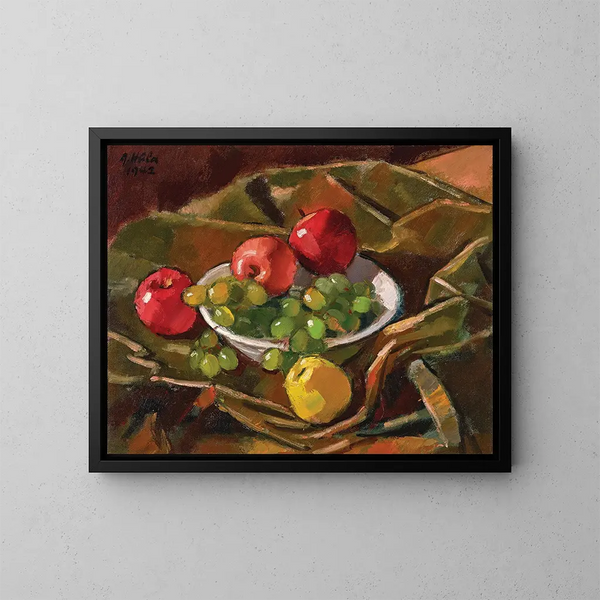 Naturaleza muerta con manzanas y uvas - Anton Hula — cuadro enmarcado en la pared