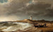 Fishermen near their boats on the beach near Skagen Lighthouse - Anton Melbye — artwork view