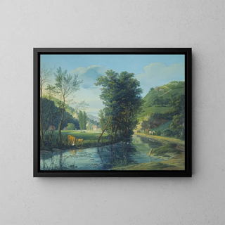 Anton Radl - In einem Tal das ein Bach durchstrmt mehrere zerstreute Huser auf dem Wege ein Fuhrwerk mit einem Schimmel links eine Kuh mit einem Kalb.webp