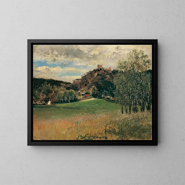 La pradera de la lechería en Vorderbrühl con la ruina de Mödling - Anton Romako — cuadro enmarcado en la pared