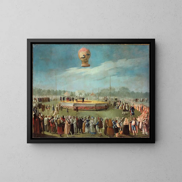 Ascensión de un globo en presencia del rey Carlos IV y de su corte - Antonio Carnicero — cuadro enmarcado en la pared