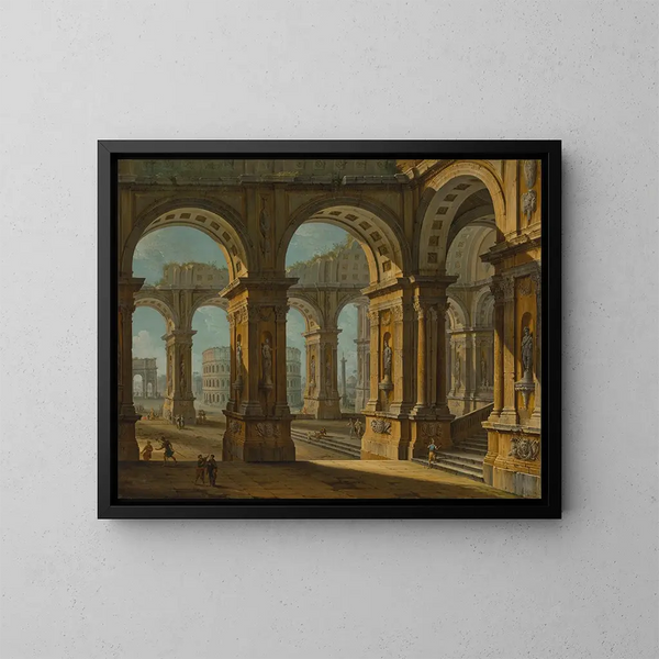 Un capricho de Roma con el Coliseo y el Arco de Tito - Antonio Joli — cuadro enmarcado en la pared