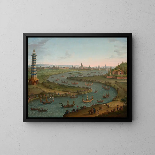 Un capricho con el embajador de Francia acercándose al palacio del rey de Siam en una barca de Estado en octubre de 1685 - Antonio Joli — cuadro enmarcado en la pared