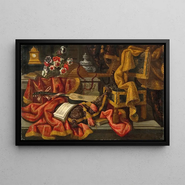 Antonio Tibaldi - A clock a vase of flowers a lute a guitar a sheet of music a chair and drapes.webp