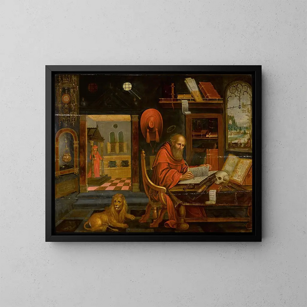 Saint Jerome in his study with the lion - School of Antwerp — framed artwork on a wall