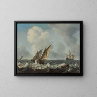 Arnoldus Van Anthonissen - Two smalschips and a rowing boat on choppy waters a manofwar and another sailing vessels beyond a town on the horizon.webp