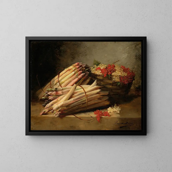 Still life with asparagus and currants on a stone entablature - Arthur Alfred Brunel de Neuville — framed artwork on a wall