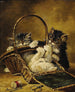 Tres gatitos jugando en una cesta de costura - Arthur Alfred Brunel de Neuville — vista de la obra