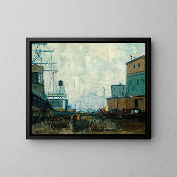 Scene of dock in Boston - Arthur Clifton Goodwin — framed artwork on a wall