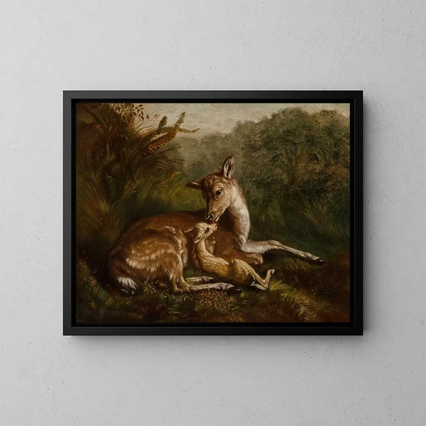 Deer and Fawn - Arthur Fitzwilliam Tait — framed artwork on a wall