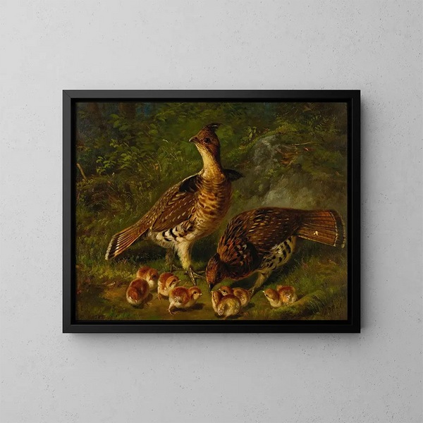 Gros-bec à plumes rousses et jeunes - Arthur Fitzwilliam Tait — framed artwork on a wall