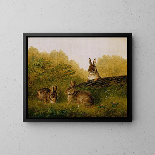 Rabbits on a log - Arthur Fitzwilliam Tait — framed artwork on a wall