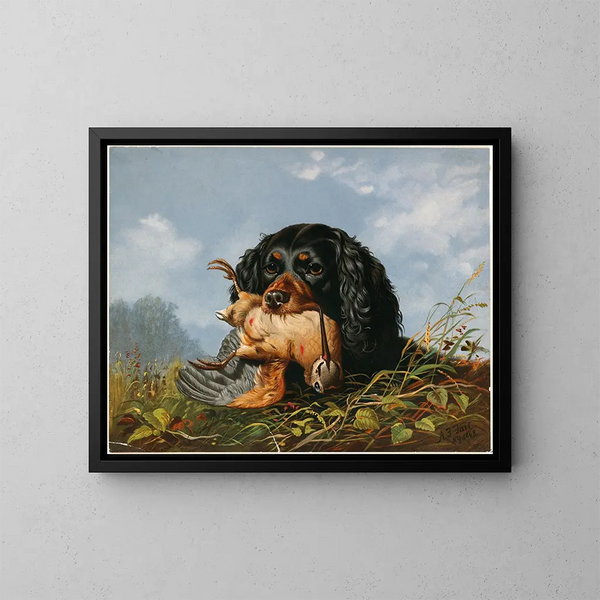 Epagneul and woodcock - Arthur Fitzwilliam Tait — framed artwork on a wall