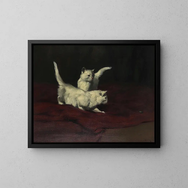 Los gatitos observan un escarabajo - Arthur Heyer — cuadro enmarcado en la pared