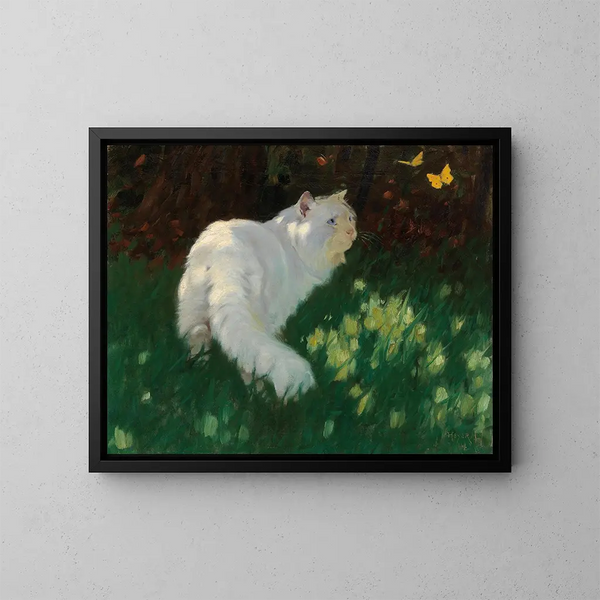 Chat blanco y mariposas - Arthur Heyer — cuadro enmarcado en la pared