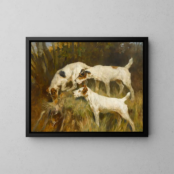Tres perros de terrier de Yorkshire trabajando en un agujero - Arthur Wardle — cuadro enmarcado en la pared