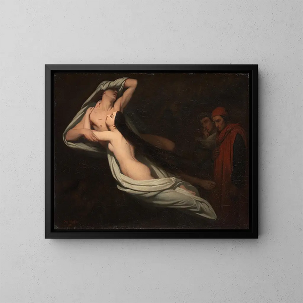 Dante y Virgilio encuentran las sombras de Francesca da Rimini y Paolo - Ary Scheffer — cuadro enmarcado en la pared