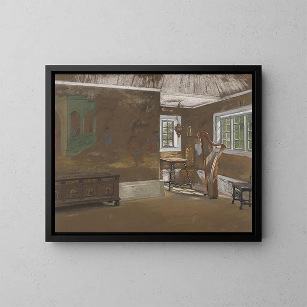 interior con arpa - Asta Nørregaard — cuadro enmarcado en la pared