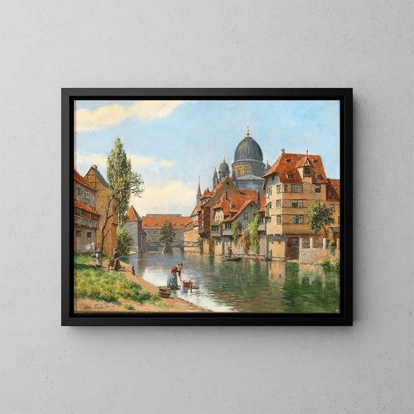 Vieja Nuremberg, vista de la sinagoga desde el río Pegnitz - August Fischer — cuadro enmarcado en la pared