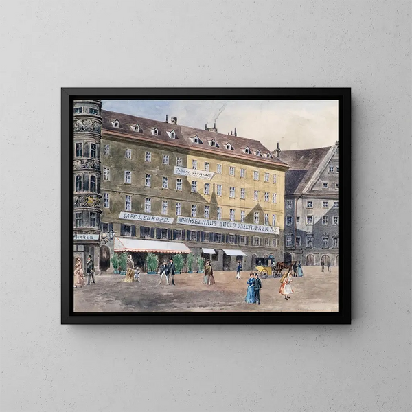 L'ancienne scène de l'incendie sur la place Saint-Étienne à Vienne avec le café L'Europe - August Gerasch — framed artwork on a wall