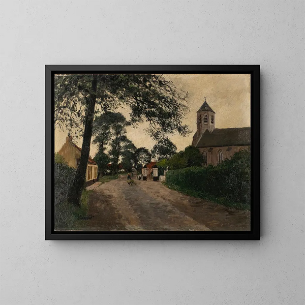 Calle del pueblo con iglesia - August Jernberg — cuadro enmarcado en la pared