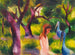 Niñas con pájaros azules - August Macke — vista de la obra