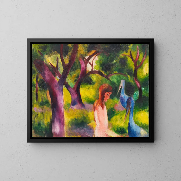 Girls with Blue Birds - August Macke — framed artwork on a wall