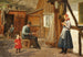 Young girl in conversation with a fisherman repairing nets in front of a house - August Schitt — artwork view