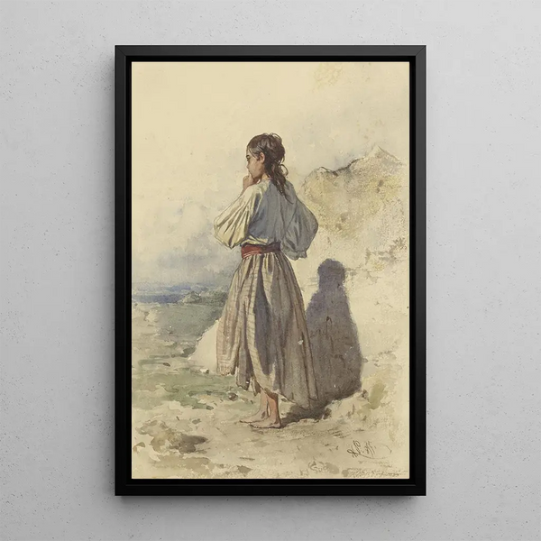 de mujer húngara de pie, en tres cuartos hacia la izquierda, vista de espaldas - August von Pettenkofen — cuadro enmarcado en la pared