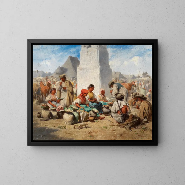 Mercado en Szolnok con la columna de la Trinidad - August von Pettenkofen — cuadro enmarcado en la pared