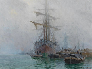August von Ramberg - Fishing Boats by the Jetty.webp