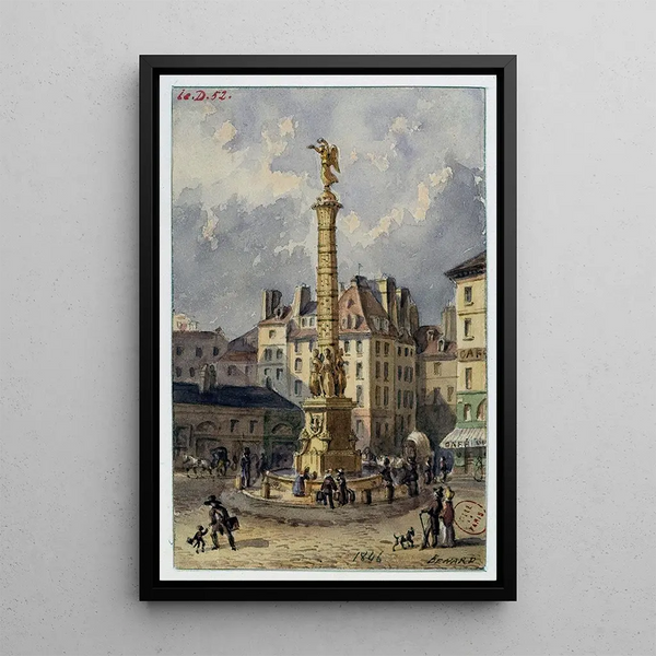 La plaza del Châtelet y la fuente de los Palmeros - Auguste Sébastien Bénard — cuadro enmarcado en la pared