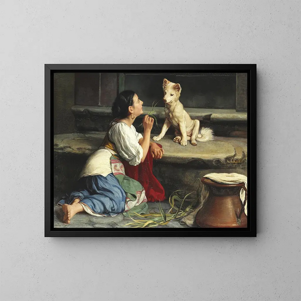 Une Italienne jouant avec un chien - Axel Helsted — framed artwork on a wall
