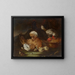 Two roosters, a hen, and six chicks at their manger in a landscape - Baldassare De Caro — framed artwork on a wall