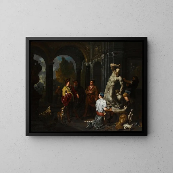 Figuras elegantes vigilando a escultores trabajando en una estatua de Hércules y de Antée en el patio de un palacio - Balthasar van den Bossche — cuadro enmarcado en la pared