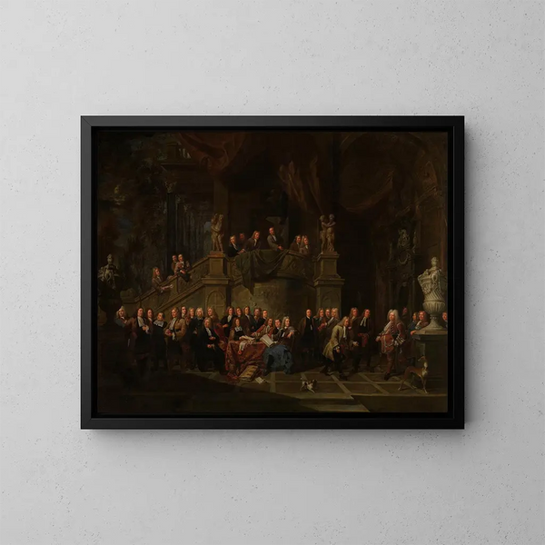 La recepción de Jan Karel de Cordes en la sala de la guilda - Balthasar van den Bossche — cuadro enmarcado en la pared