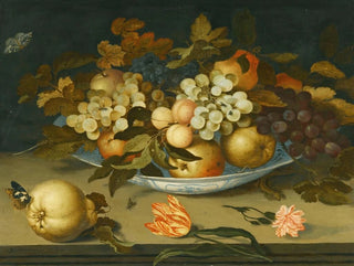 Balthasar van der Ast - A Still Life With A Delft Bowl Containing Fruit On A Ledge With Flowers Insects And A Lizard.webp