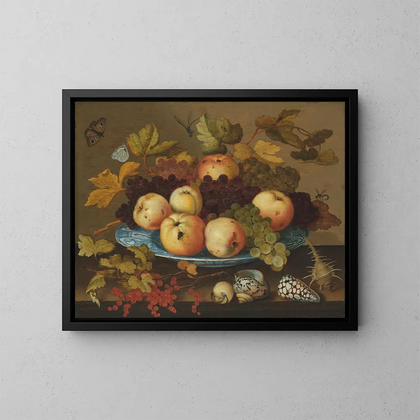 Fruits dans un plat en porcelaine Wanli sur une table - Balthasar van der Ast — framed artwork on a wall