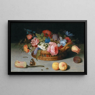 Balthasar van der Ast - Roses tulips irises and other flowers in a wicker basket with fruit and insects on a ledge (Case Conflict).webp