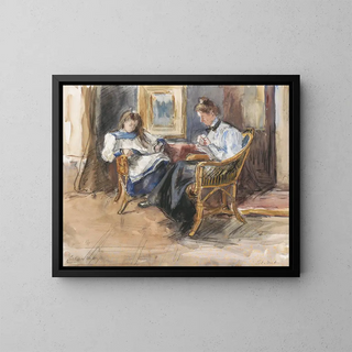 Barbara Elisabeth van Houten - Handwerkende dame en lezend meisje in rieten stoelen gezeten in het huis aan de Riouwstraat 6 te Den Haag.webp